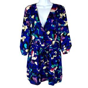 Yumi Kim Plunge V-Neck Floral Shirt Dress Roll Tab Sleeves Belted Pockets Large